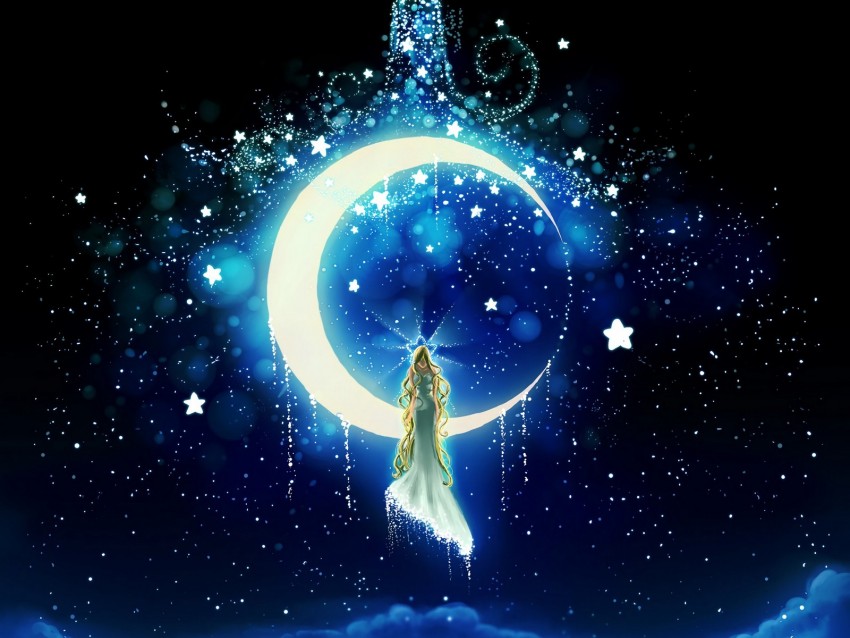 night sky stars and moon with girl