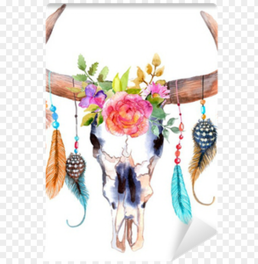 Download Download Watercolor Bull Skull With Flowers And Feathers Wall Bohemian Cow Skull Png Free Png Images Toppng
