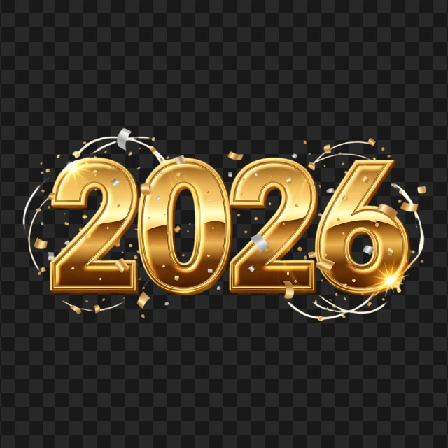 2026 Golden Typography With Confetti PNG Transparent Background