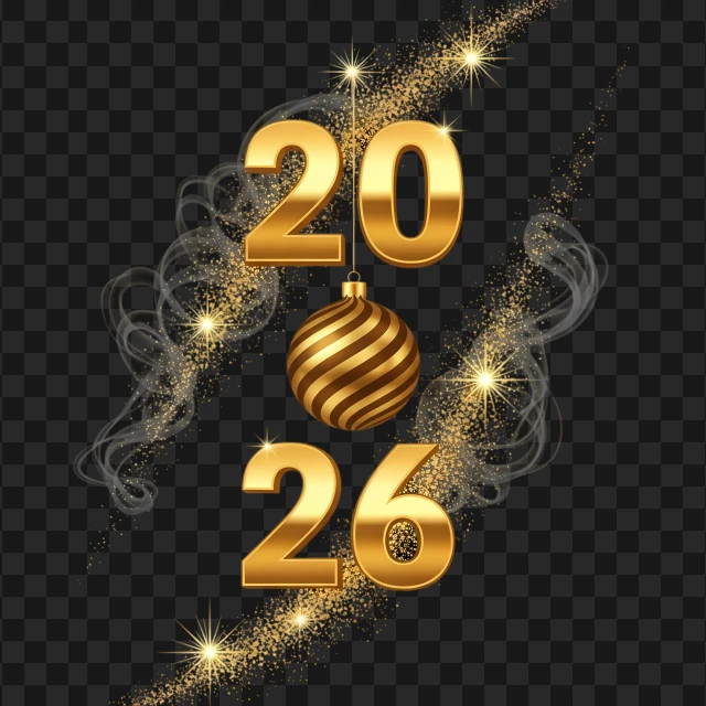 Elegant Golden 2026 Typography With Hanging Ornament PNG Transparent Background