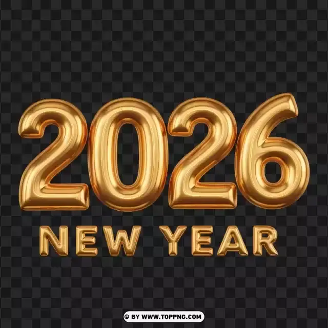 Metallic Inflated Gold 2026 New Year Typography PNG Transparent Background