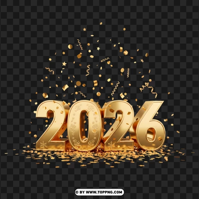 Luxury Gold 2026 Holiday Greeting With 3D Numbers And Confetti PNG Transparent Background