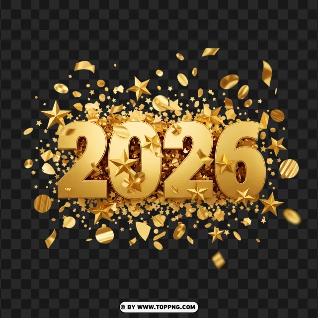 Shiny Gold Confetti 2026 Celebration Layout PNG Transparent Background