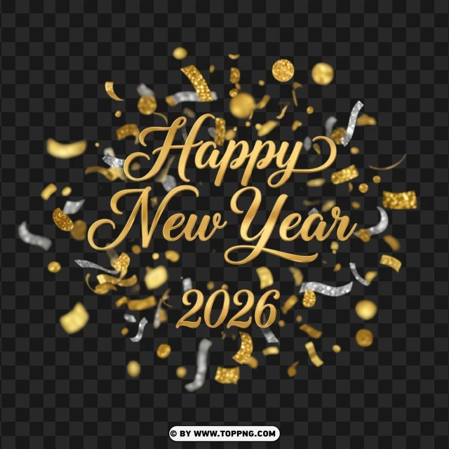 Elegant Gold Confetti Happy New Year 2026 PNG Transparent Background