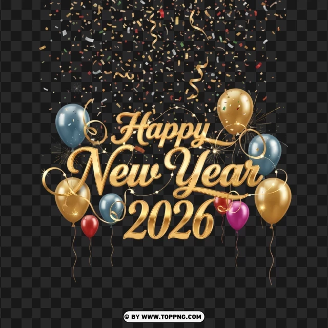Festive Happy New Year 2026 Text Layout PNG Transparent Background