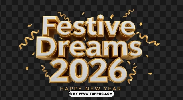 Festive Dreams Happy New Year 2026 Text Poster PNG Transparent Background