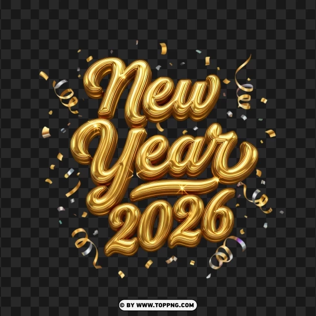 New Year 2026 Gold Typography With Ribbon And Confetti PNG Transparent Background