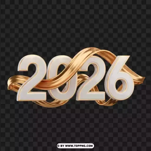 2026 Happy New Year Realistic 3D Numbers With Golden Ribbon PNG Transparent Background