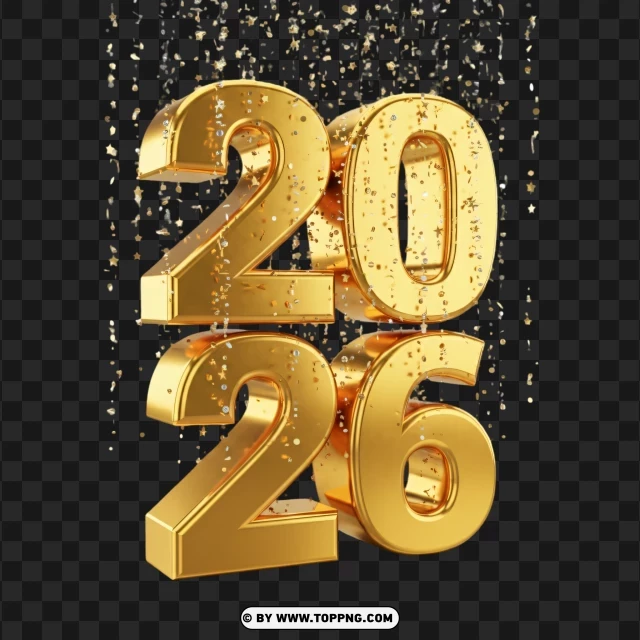Elegant Premium 3D Gold 2026 Typography With Confetti PNG Transparent Background