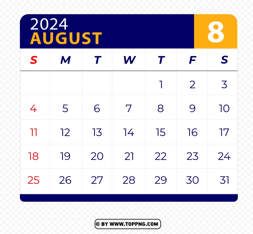 Free download HD PNG august 2024 calendar vector page with hd png