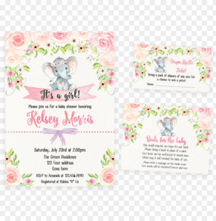 Blush Pink Floral Elephant Baby Shower Invitation Pack Png Image