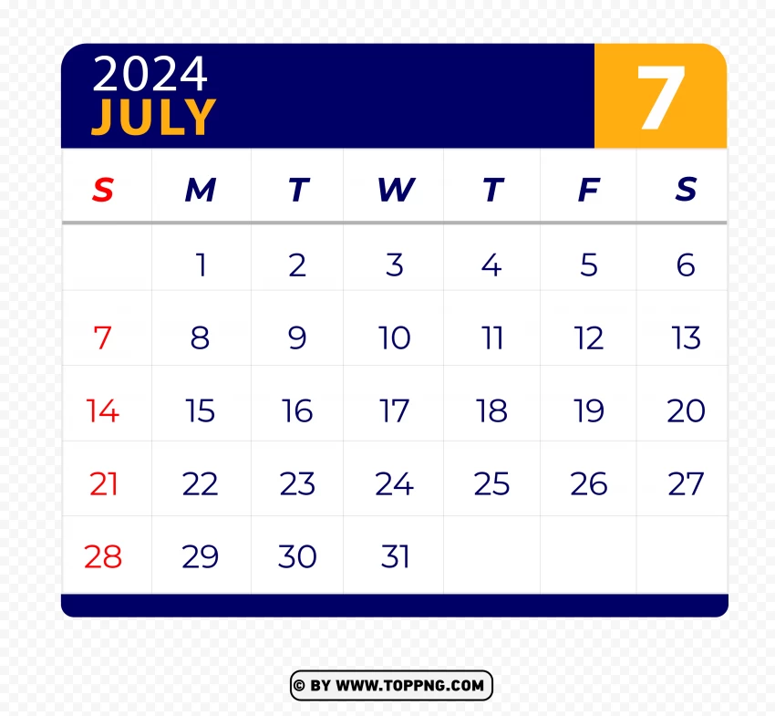 Free download HD PNG july 2024 calendar vector page with hd png