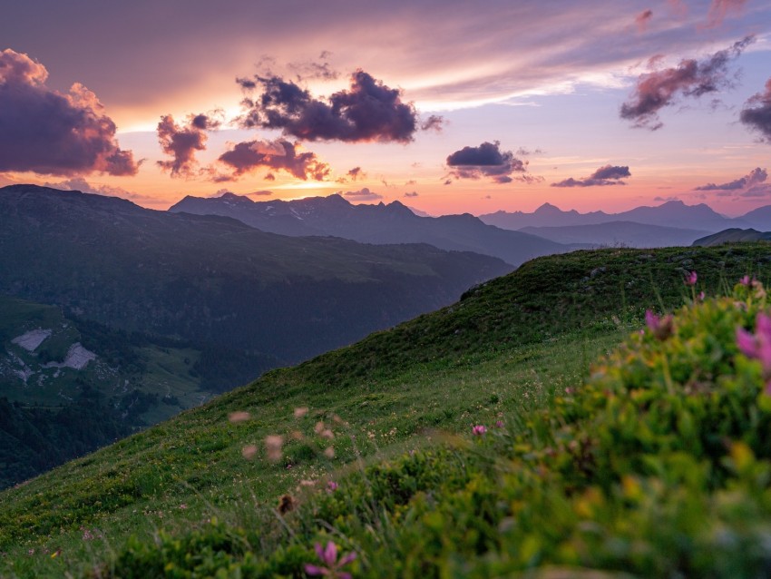 Free download | HD PNG mountains sunset landscape slopes grass flowers ...