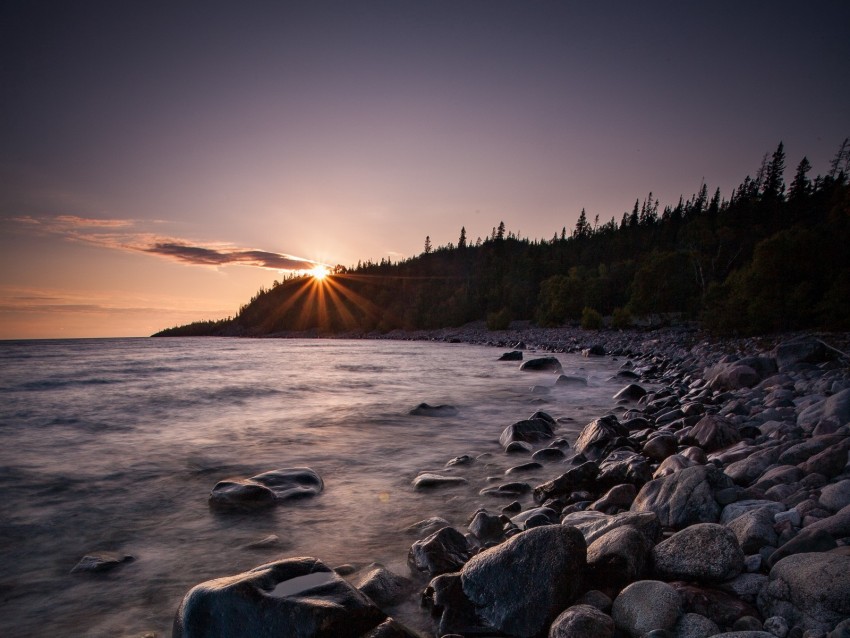 Free Download HD PNG Sea Sunset Stones Shore Trees 4k Wallpaper TOPpng