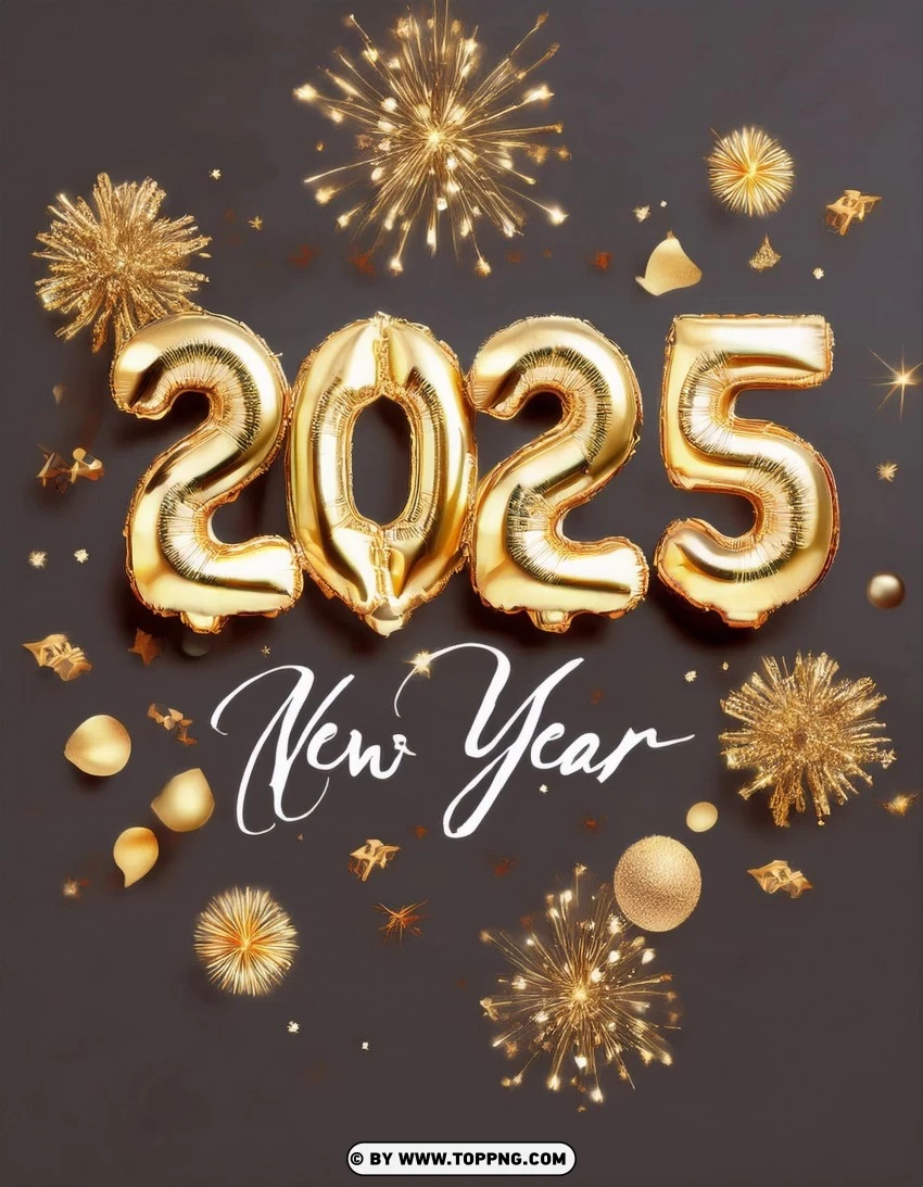 Fireworks And Gold 2025 New Year Wishes Card PNG Transparent Background