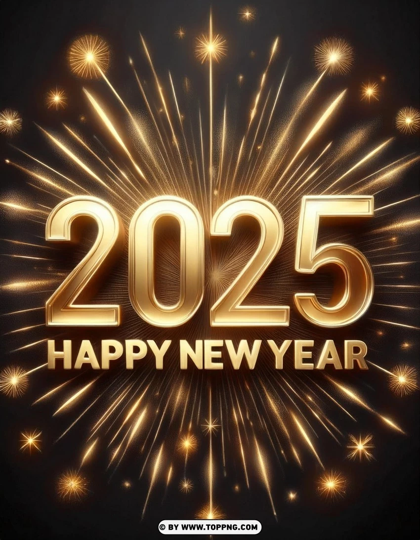 Golden Fireworks 2025 New Year Card Design PNG Transparent Background