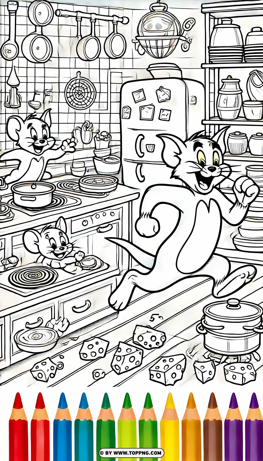 Tom And Jerry Kitchen Chase Coloring Page PNG Transparent Background