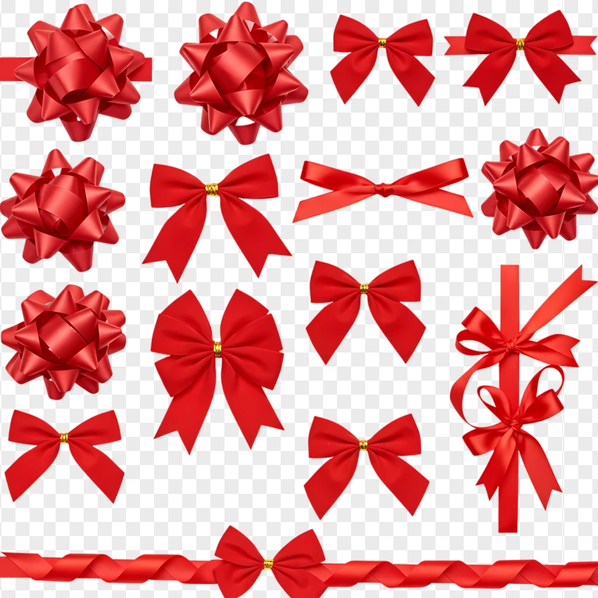 Hd Set Of Red Ribbon Bows And Gift Wrap Decorations PNG Transparent Background