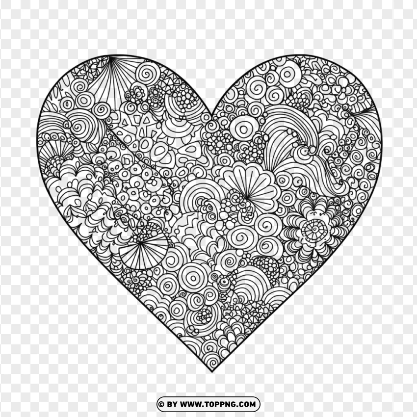 Abstract Floral Heart Coloring Page With Swirls PNG Transparent Background