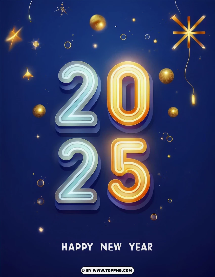 Neon Style 2025 New Year Greeting Card PNG Transparent Background