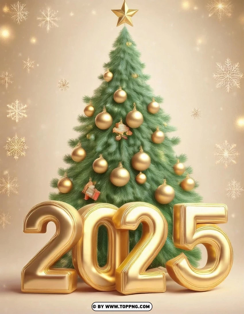 Golden Christmas Tree And 2025 Holiday Wishes PNG Transparent Background