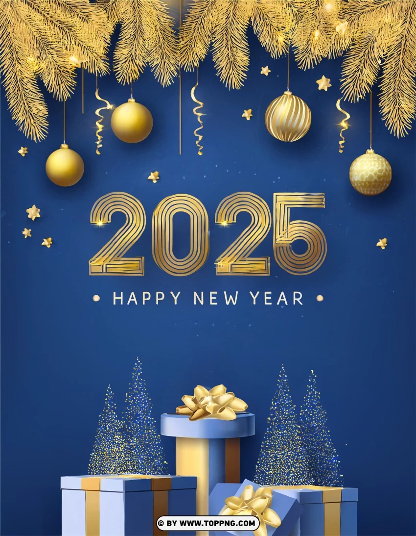 Classic Blue And Gold 2025 New Year Card PNG Transparent Background