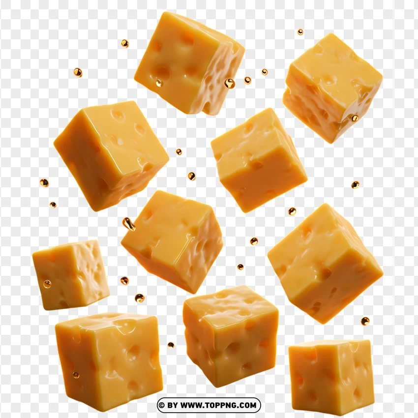 Floating Crunchy Cheese Cubes In Motion PNG Transparent Background