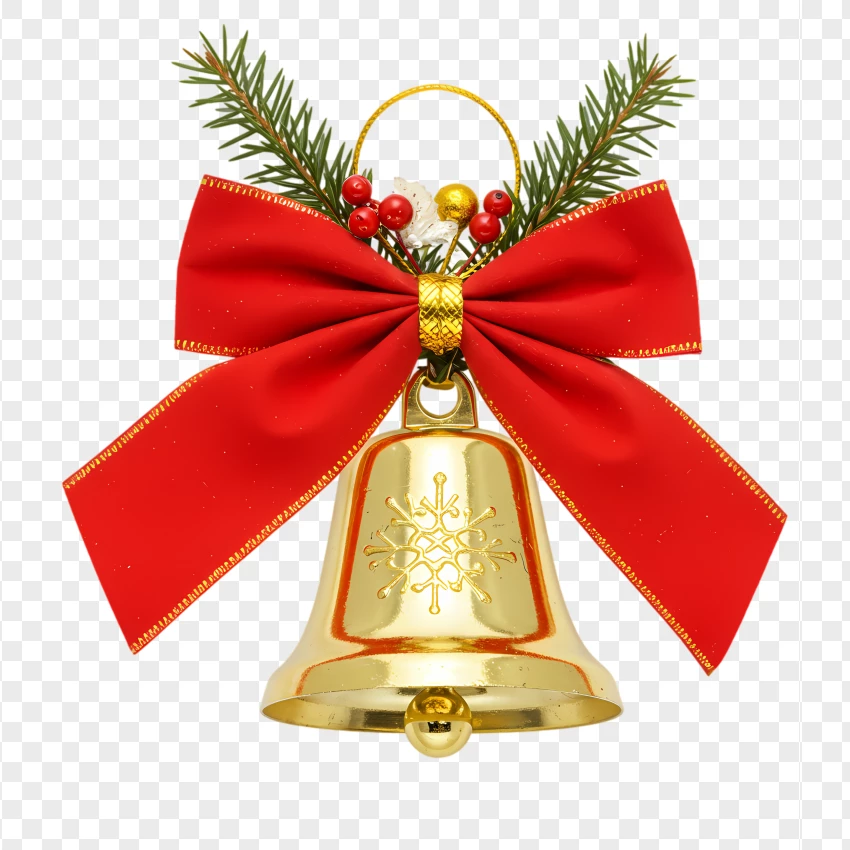 Christmas Bell With Red Ribbon And Green Leaves PNG Transparent Background