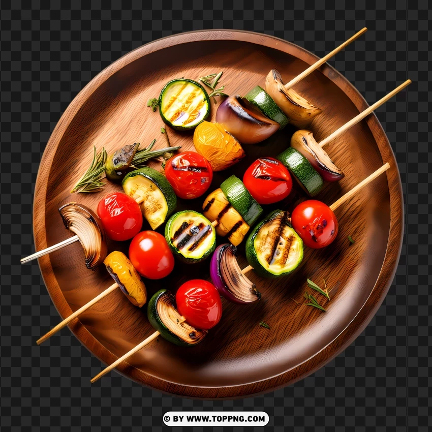 Vegetable And Meat Skewers On Wooden Plate PNG Transparent Background