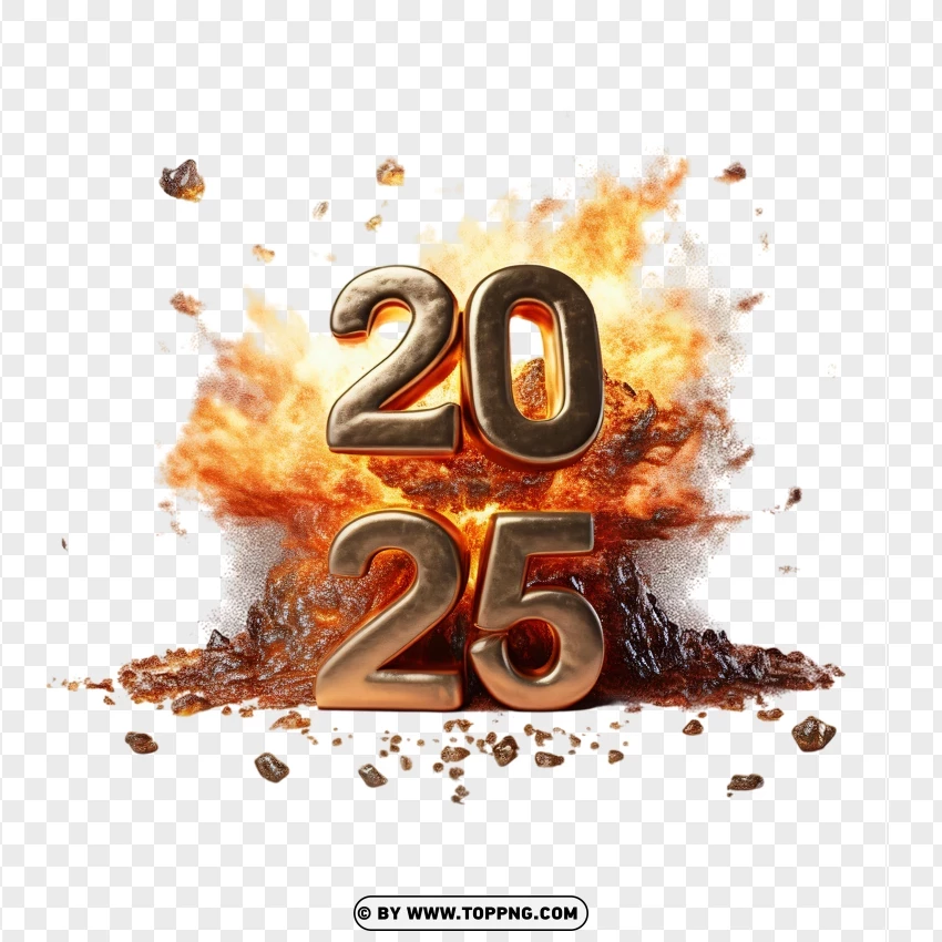 Dynamic 2025 Fireball Explosion With Debris Effect PNG Transparent Background