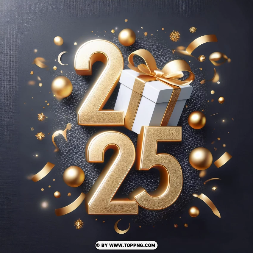 Golden 2025 Card With Gift And Holiday Charm PNG Transparent Background