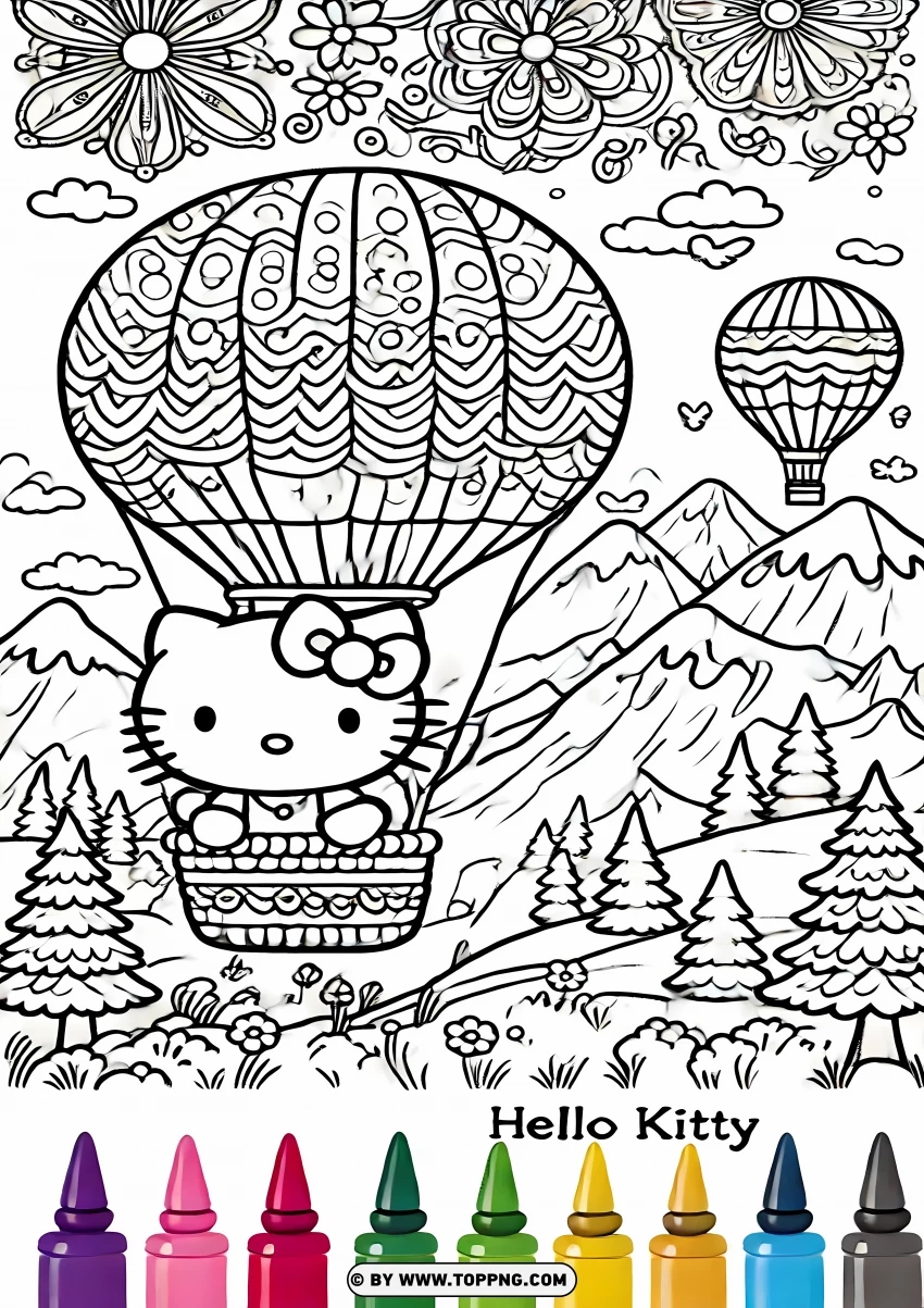 Hello Kitty Hot Air Balloon Adventure Coloring Page PNG Transparent Background