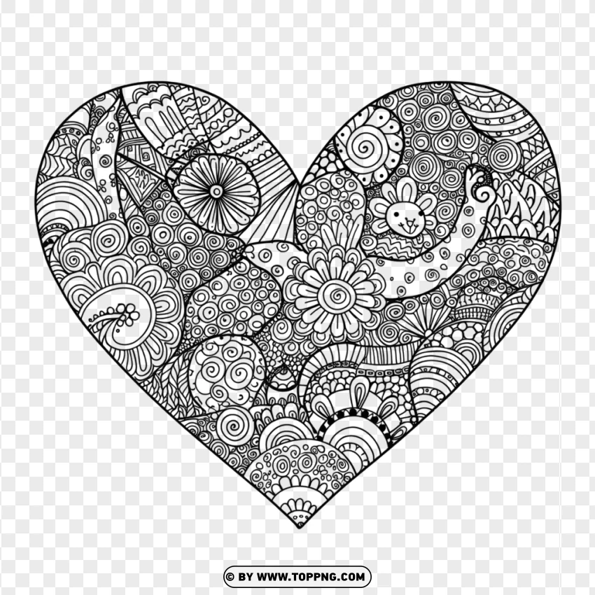 Doodle Style Heart Coloring Page With Flowers PNG Transparent Background