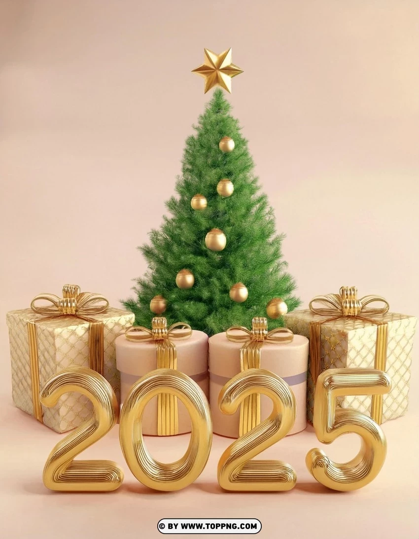 Golden Christmas Tree And Gifts 2025 Design PNG Transparent Background