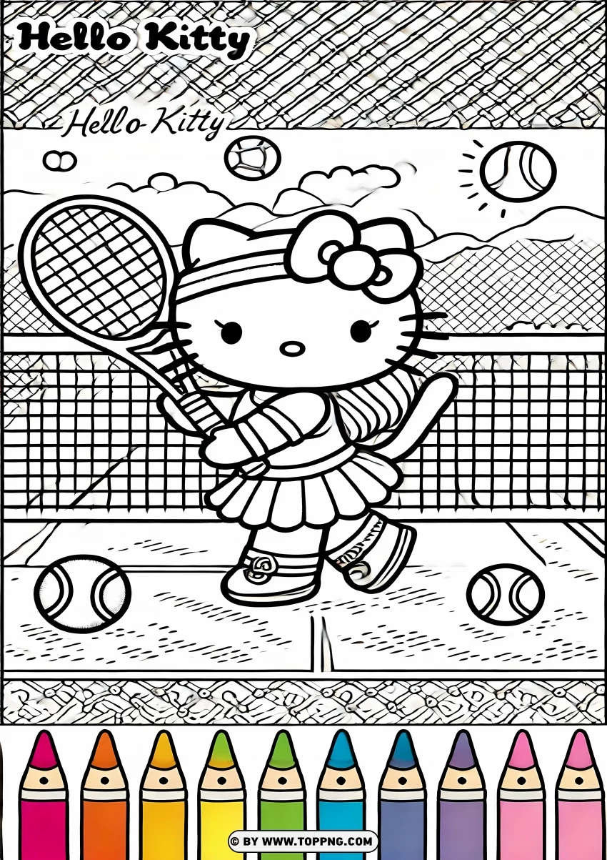 Hello Kitty Playing Tennis Coloring Page PNG Transparent Background