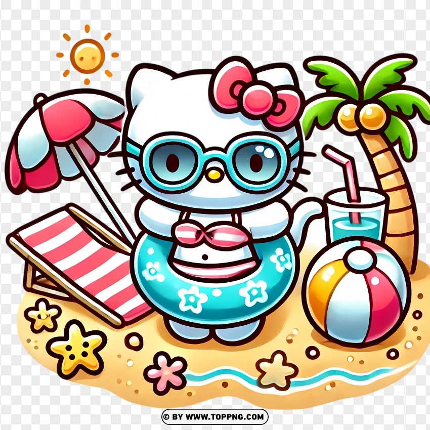 Hello Kitty Relaxing On A Beach PNG Transparent Background