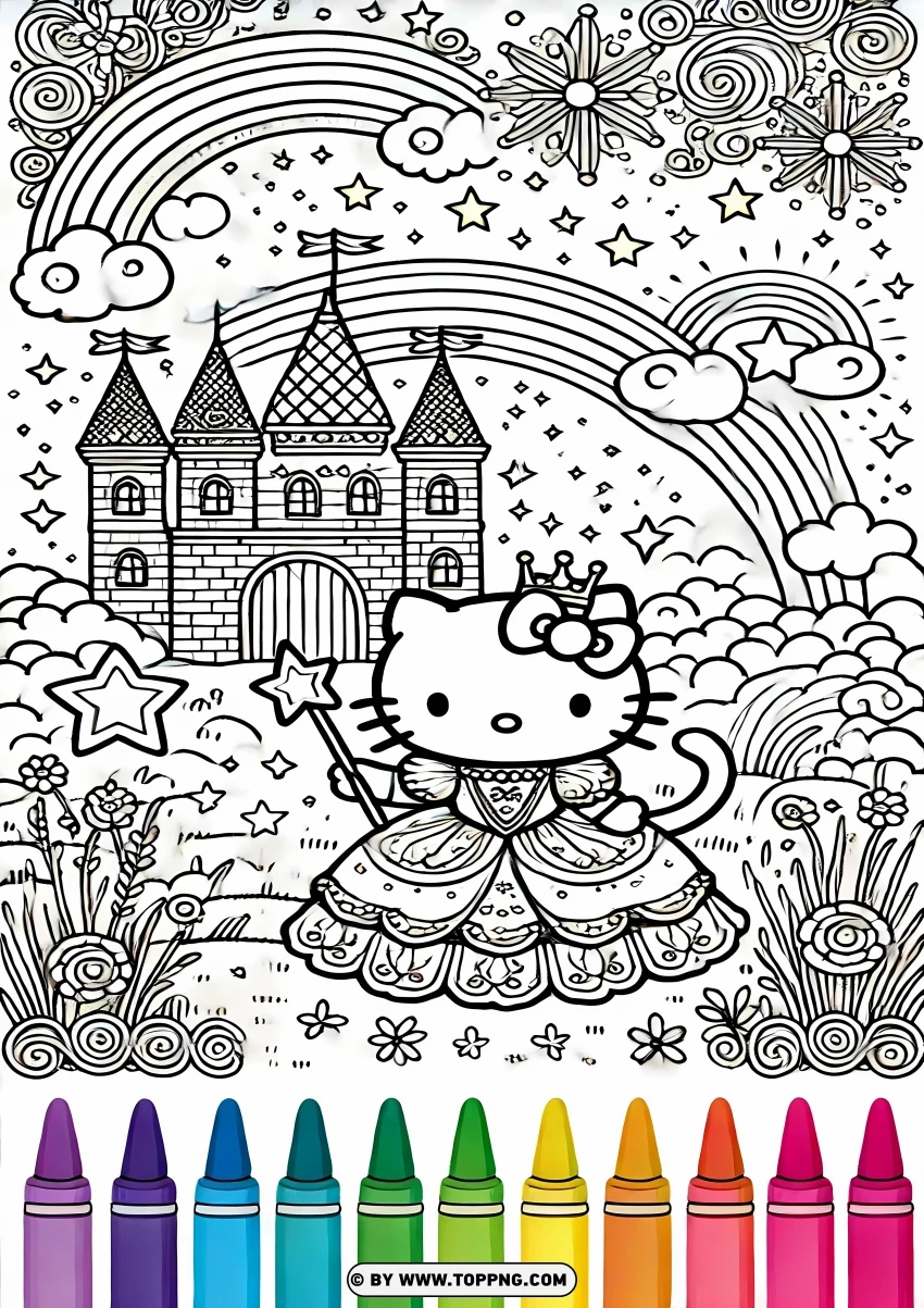 Hello Kitty Fairy Tale Castle Coloring Page PNG Transparent Background