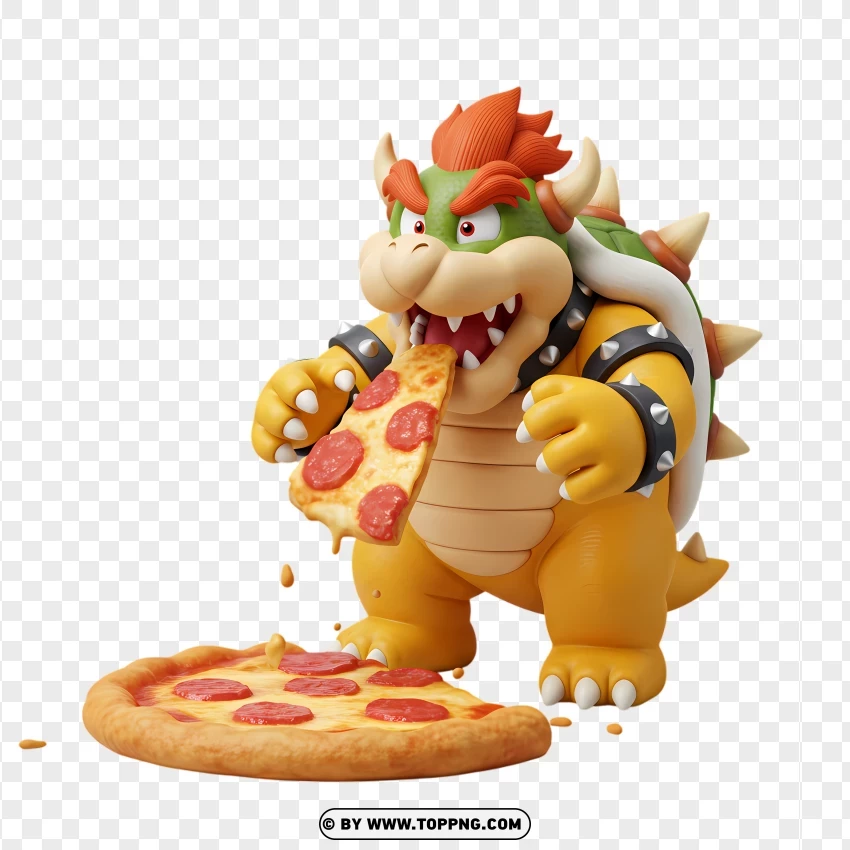 Mini Bowser Eating A Giant Pizza Slice Clipart PNG Transparent Background