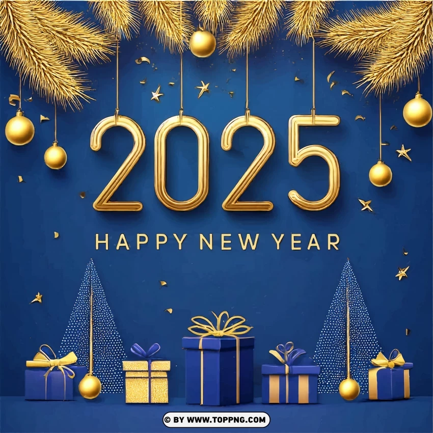 Golden Ornaments On Blue 2025 New Year Card PNG Transparent Background