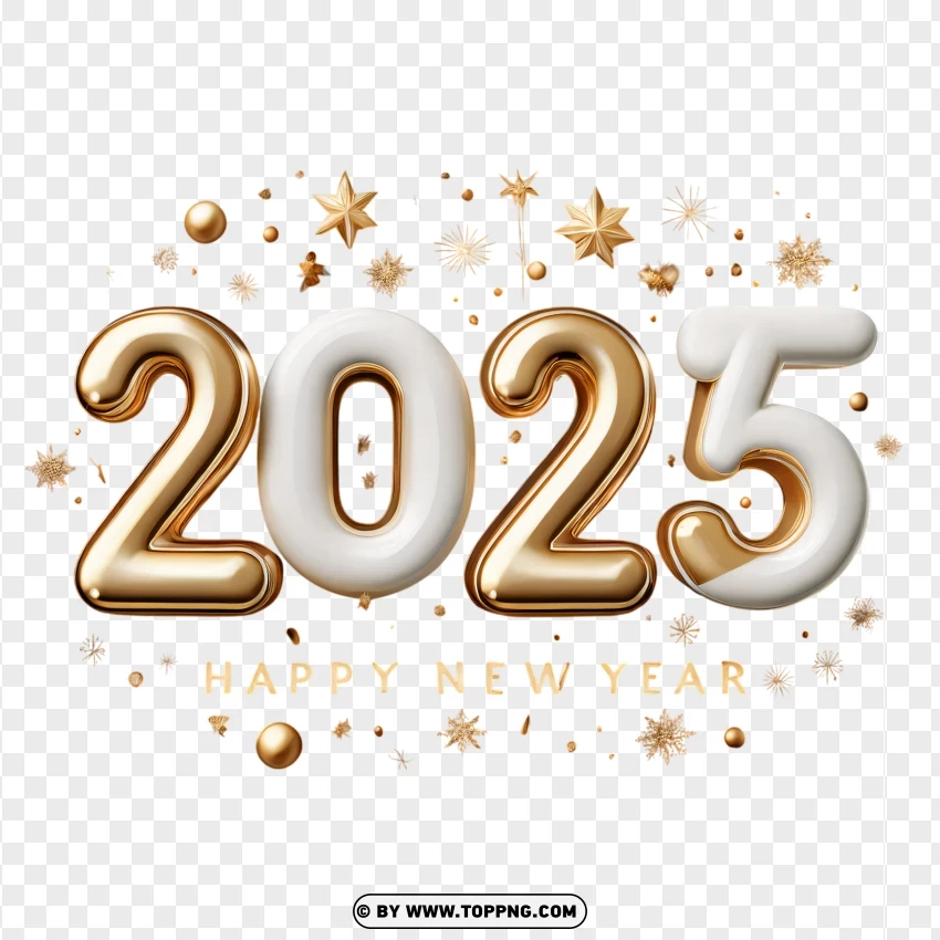 Golden And White 2025 Numbers With Stars PNG Transparent Background