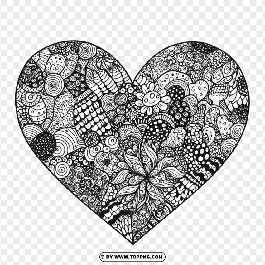 Floral Heart Coloring Page With Beautiful Patterns PNG Transparent Background