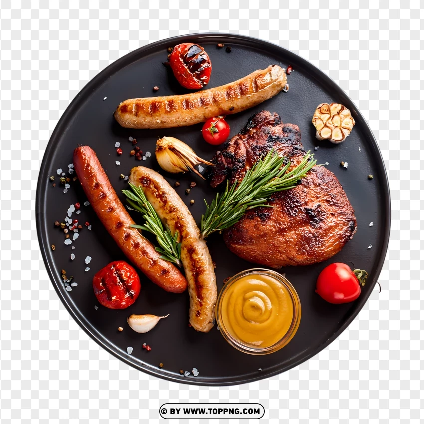 Bbq Plate With Steak Sausages And Mustard PNG Transparent Background