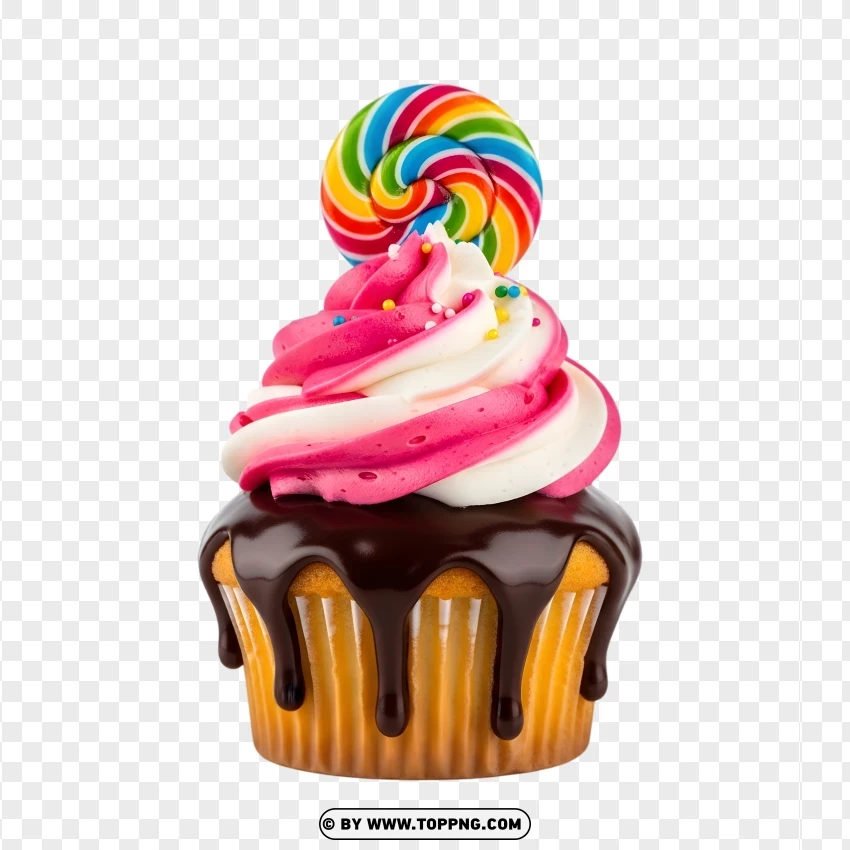 Candy Cupcake With Lollipop And Chocolate Drip PNG Transparent Background