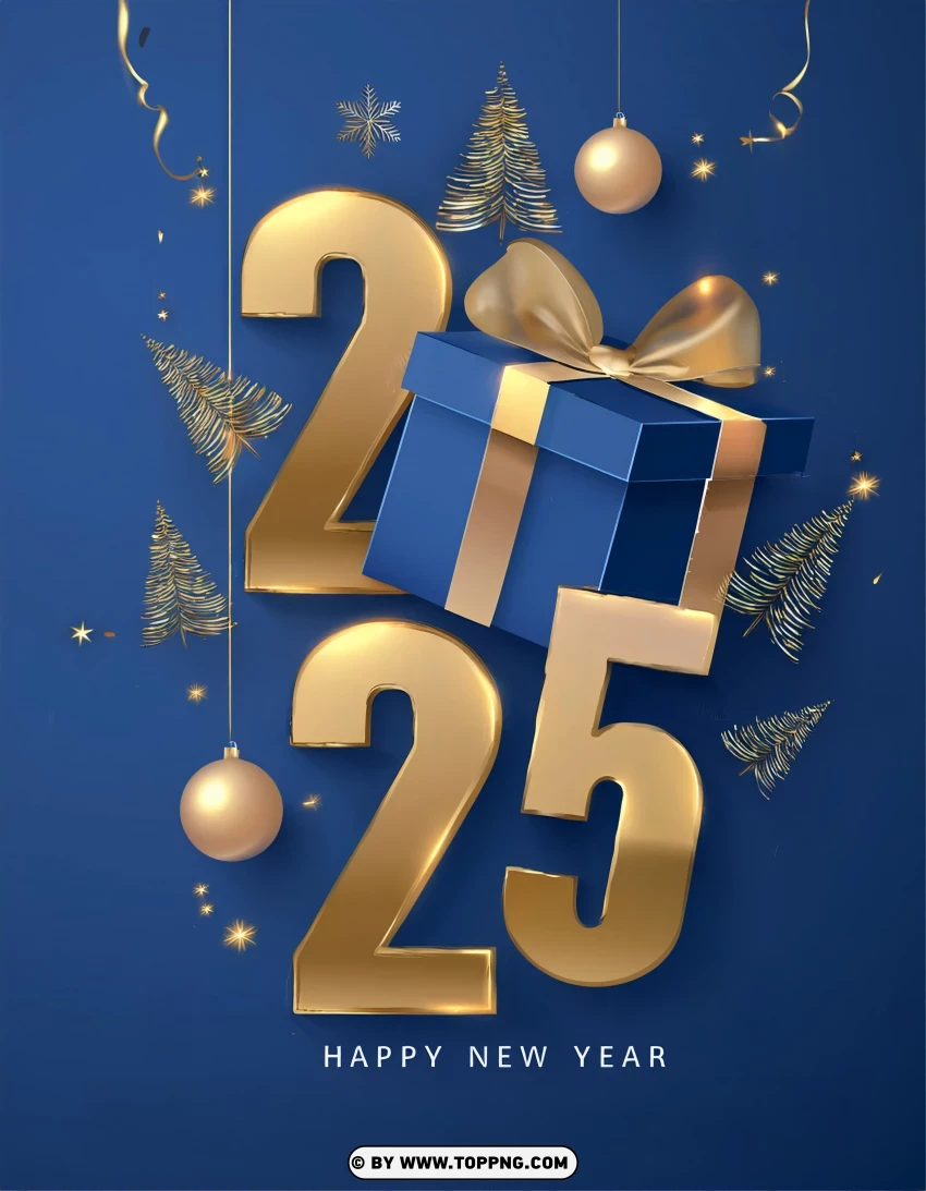 Golden Numbers And Gift Box 2025 Celebration Card PNG Transparent Background