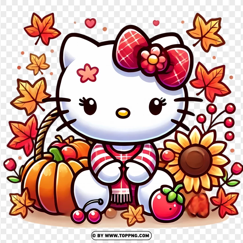 Hello Kitty In An Autumn Garden PNG Transparent Background