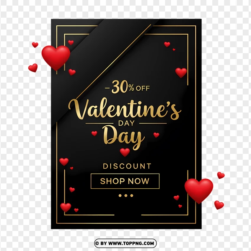 Hd Black Elegant Valentines Day 30% Discount Card PNG Transparent Background