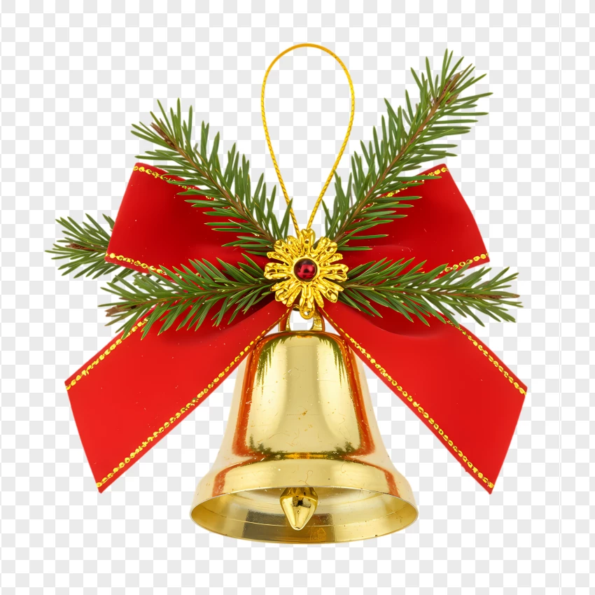 Christmas Red Ribbon Bow With Golden Bell PNG Transparent Background