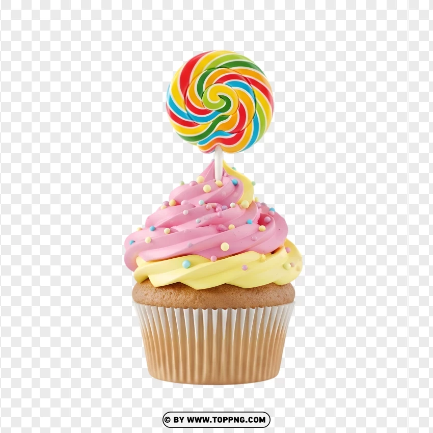 Cute Cupcake With Rainbow Lollipop PNG Transparent Background