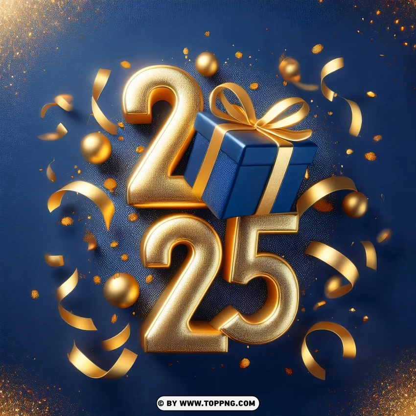 2025 New Year Card With Gift Box And Confetti PNG Transparent Background