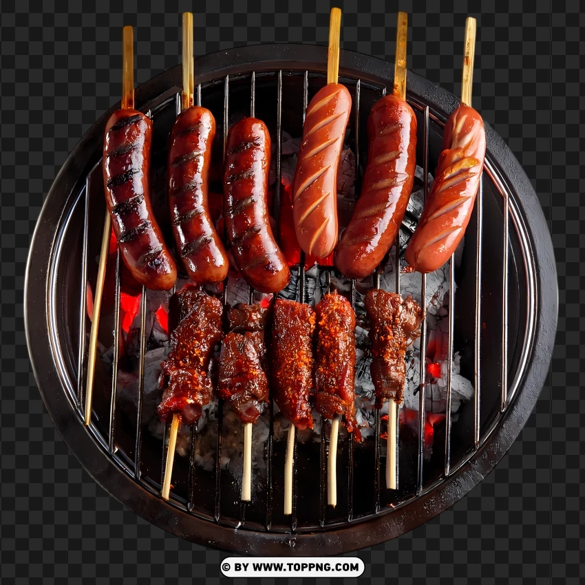 Grilled Sausages And Meat Skewers Over Fire PNG Transparent Background